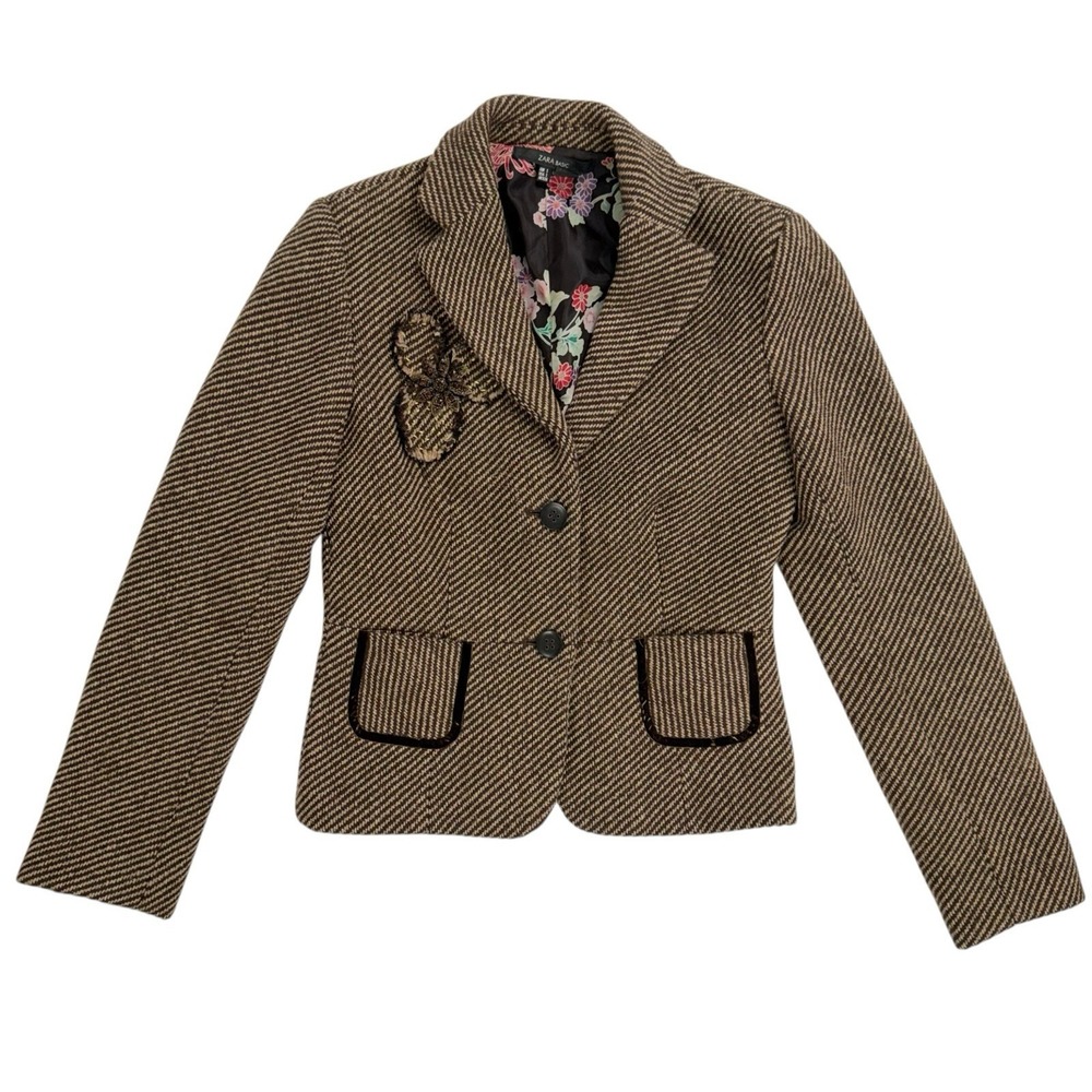 Zara Basic Womens S Wool Blend Blazer Suit Top Brown Brooch Pockets Preppy Tweed